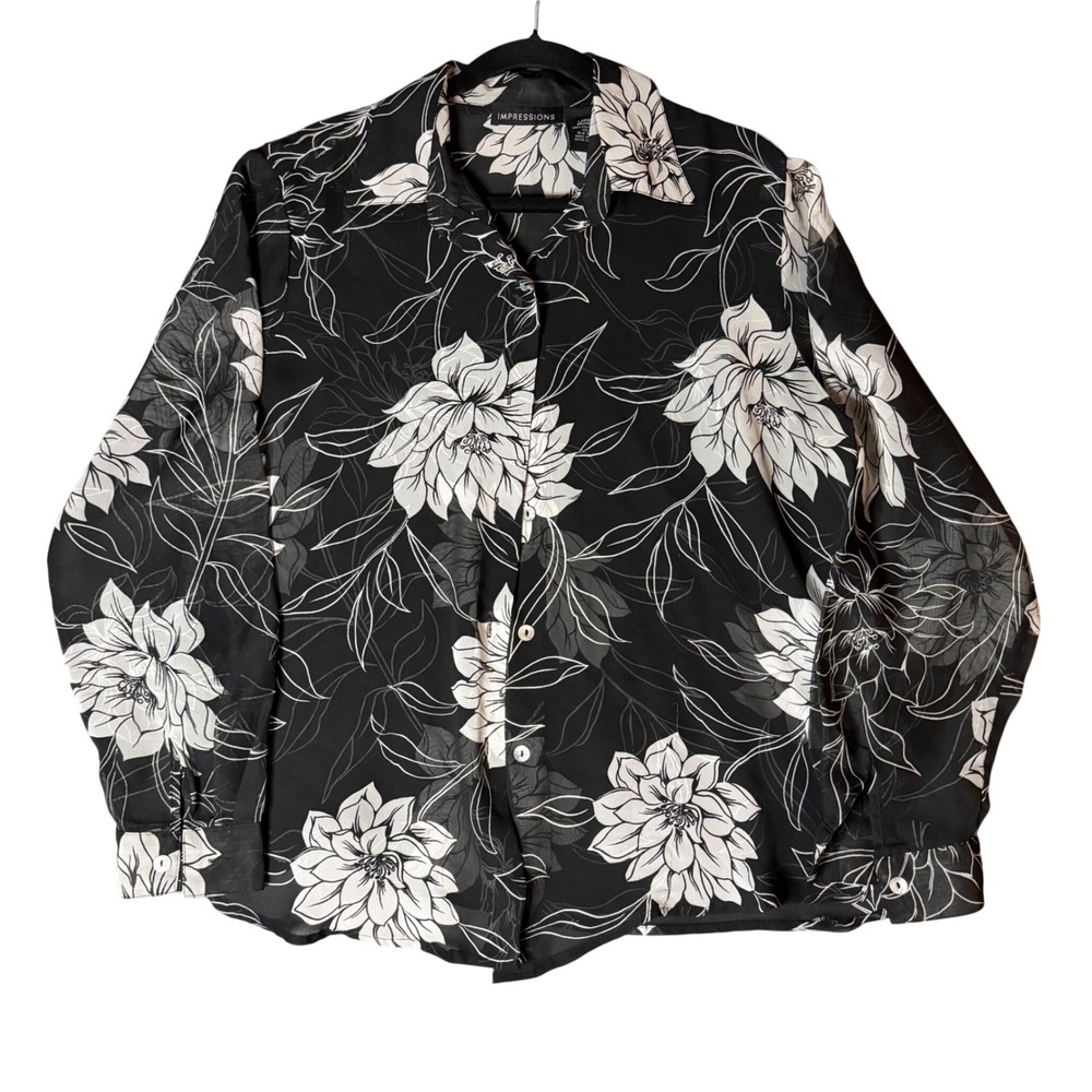 Impressions Womens Large Black White Floral Sheer Button Up Blouse Long Sleeve
